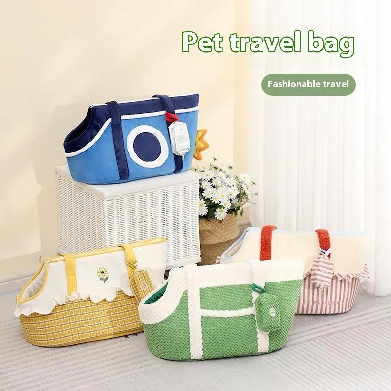 Shoulder cat bag in short plush with cartoon pattern, shown in green, red vertical stripes, or yellow and sunny colour options.