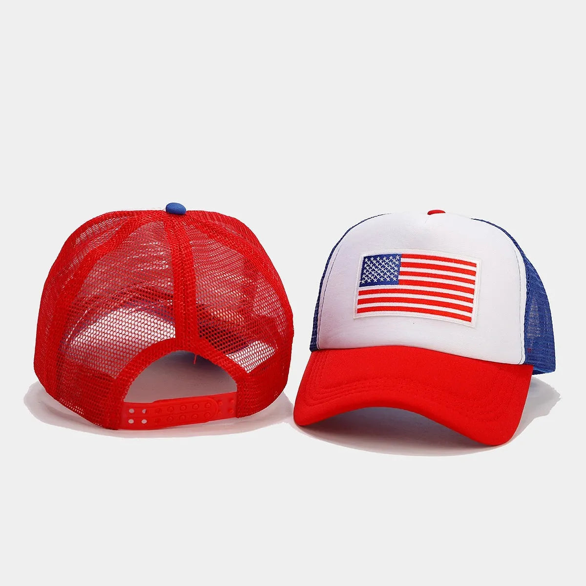 Red and blue contrast mesh baseball cap with adjustable strap and breathable space cotton fabric