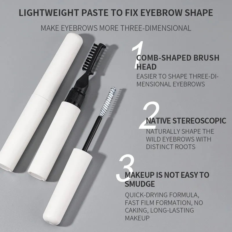 Pink and white eyebrow glue tube with applicator brush for natural wild brow styling.