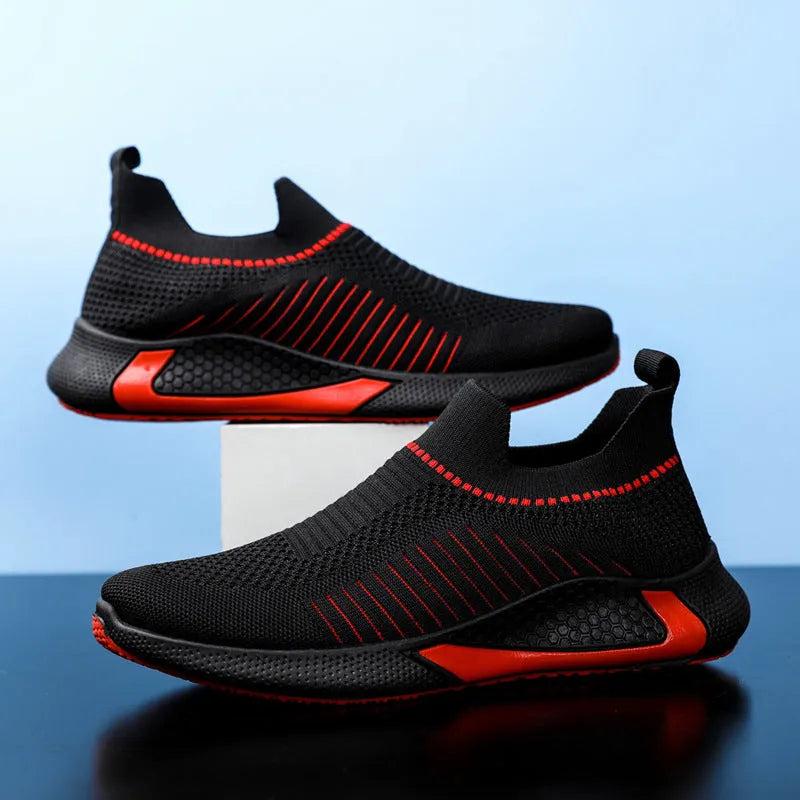 Men's mesh sock shoes with striped flyknit upper and slip-on design