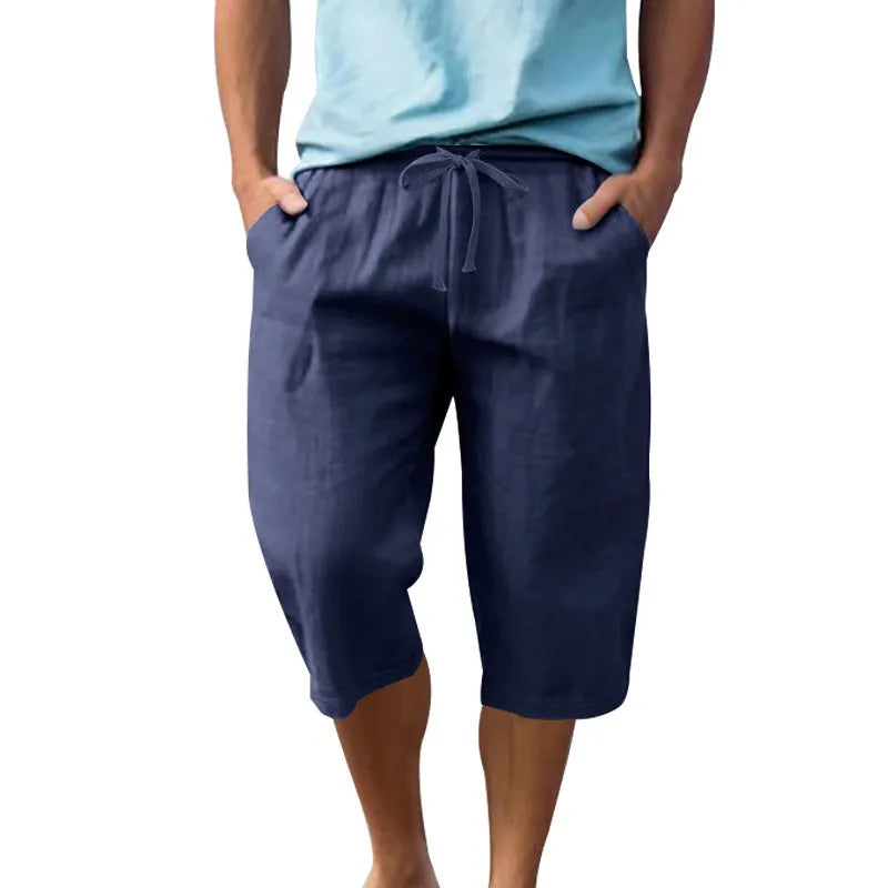 Men's loose linen cropped casual shorts with high drawstring waist in solid colours, sizes S to XXXL
