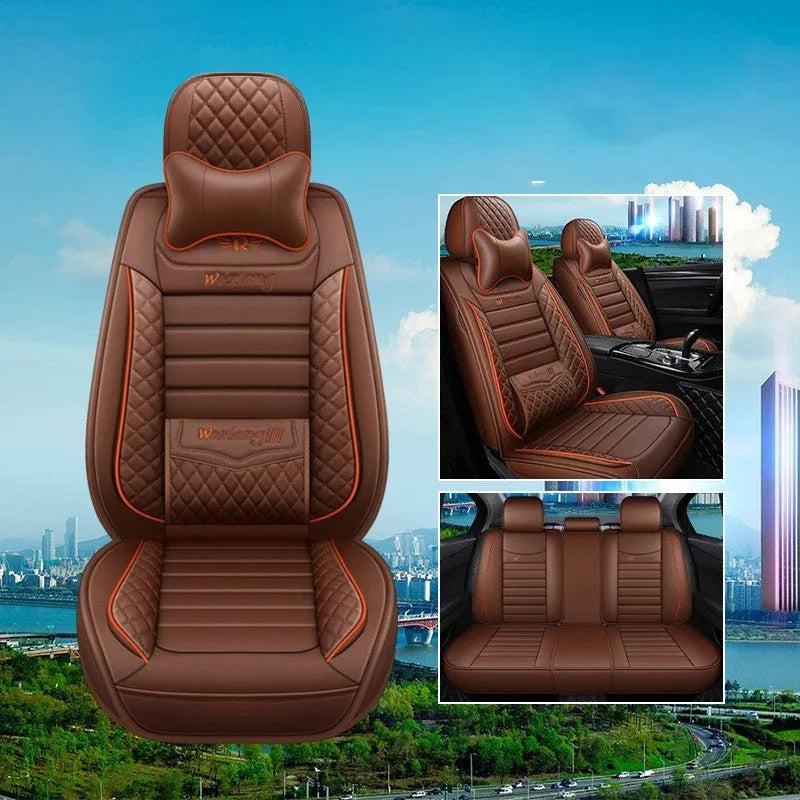 Red leather universal car seat cushion with high elastic sponge filling shown on a car seat.