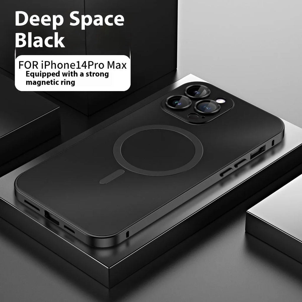 Magnetic metal frame phone case with frosted PC back and spring fastener, compatible with Apple iPhone 12 to 17.