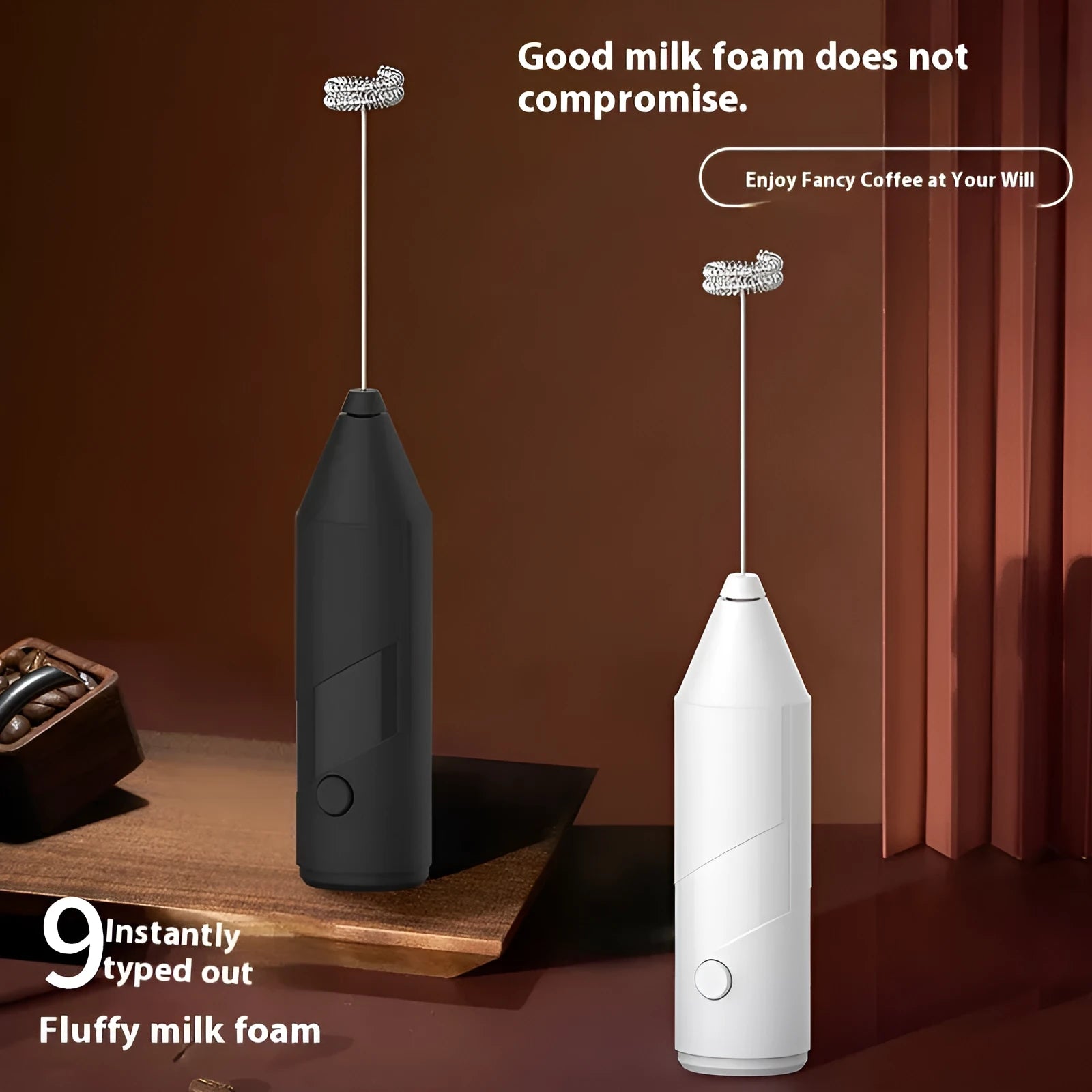 Handheld milk frother with stainless steel whisk in black, white, and khaki colour options