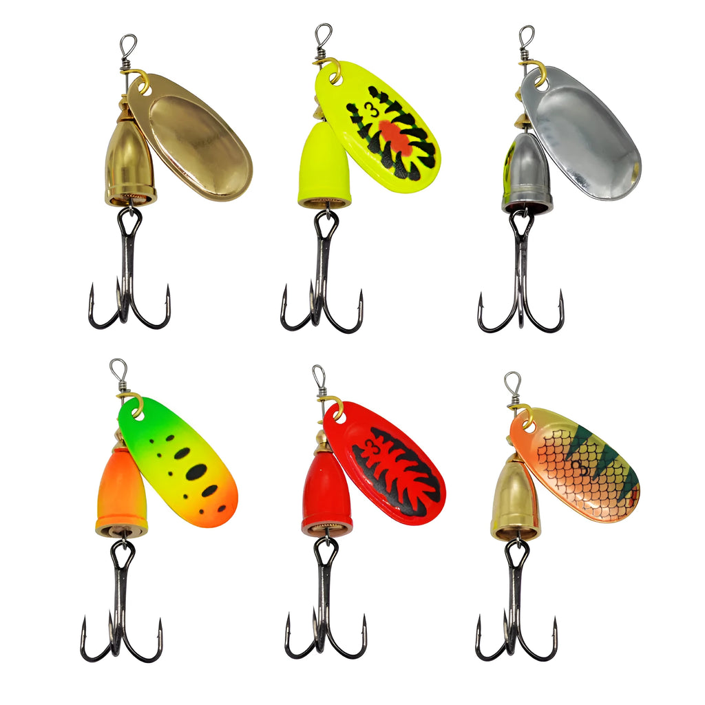R composite metal fishing lure with rotating sequins and a copper bell in multiple colour options on a blue background.