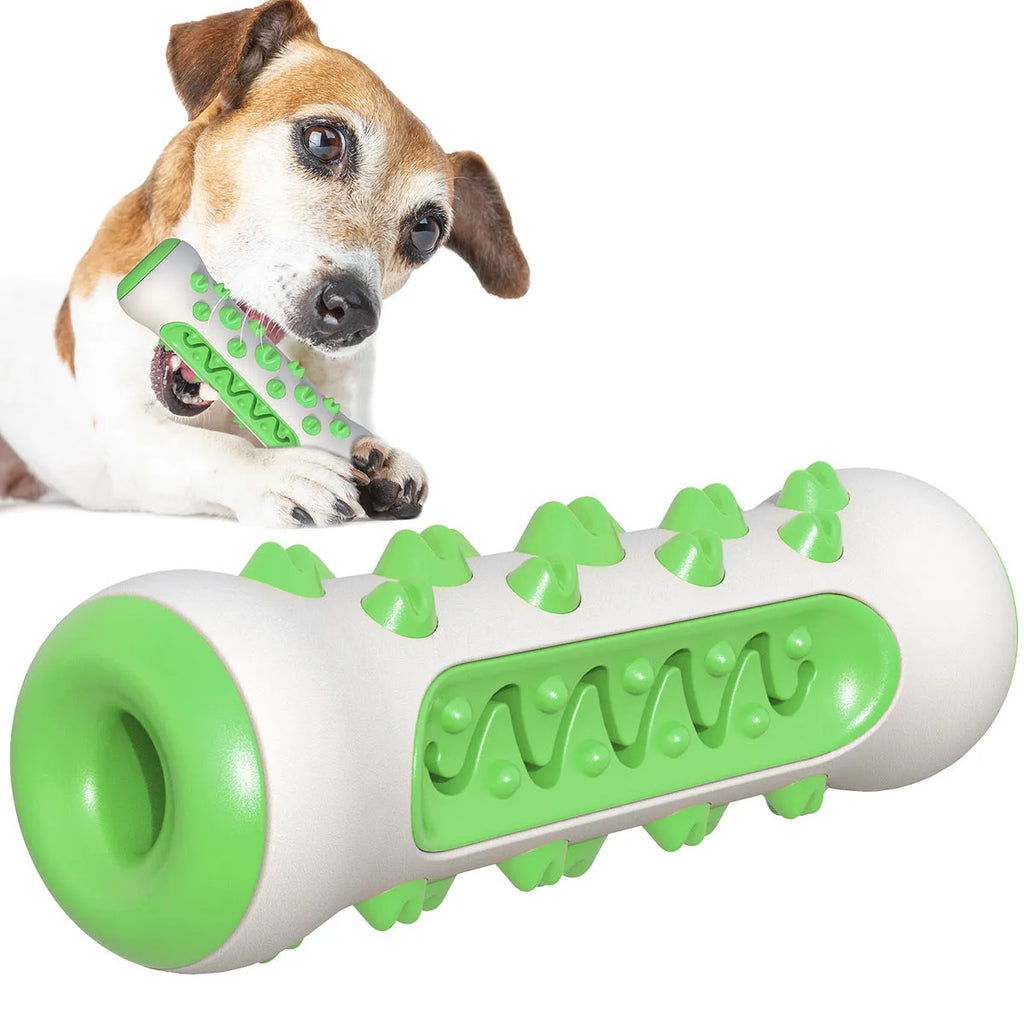 Natural rubber dog toothbrush chew toy for dental cleaning in blue green yellow or black colours