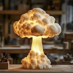 Atomic bomb mushroom cloud shaped USB table lamp on a table