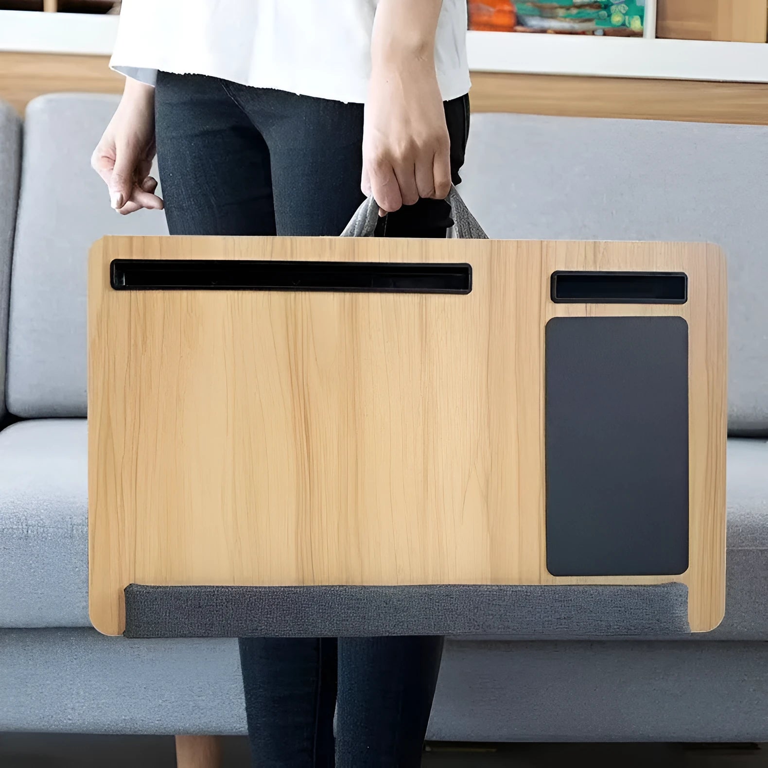 Foldable laptop bed desk with black walnut finish, open and ready for use on a bed