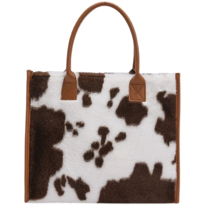 Large plush handbag with leopard print, car stitching, and magnetic buckle in Leopard Brown
