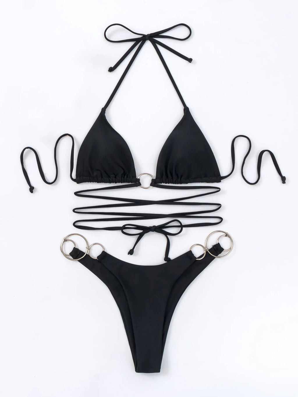 Black women's bikini set with metal ring straps and a backless, high cut leg design