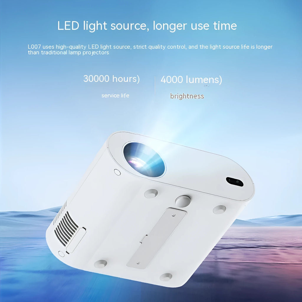 White T07 Full HD Smart Projector with remote control on a table