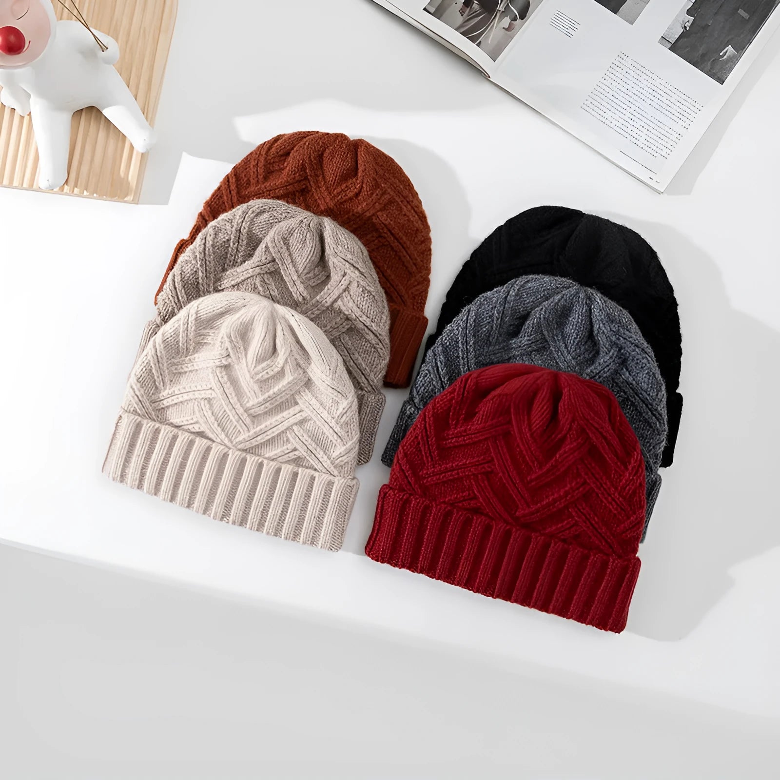 Wool knitted women's hat with dome crown in various colour options including red, grey and brown