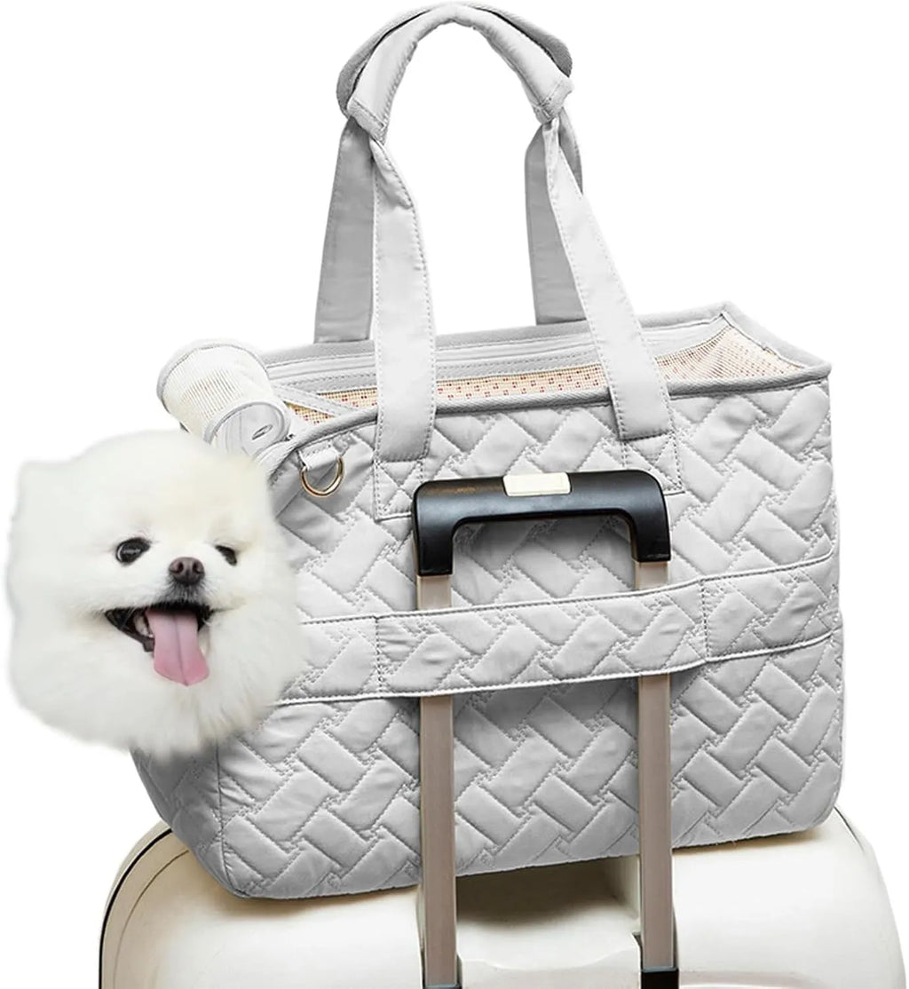 Grey pet carrier handbag with mesh panels and multiple pockets for cats and small dogs