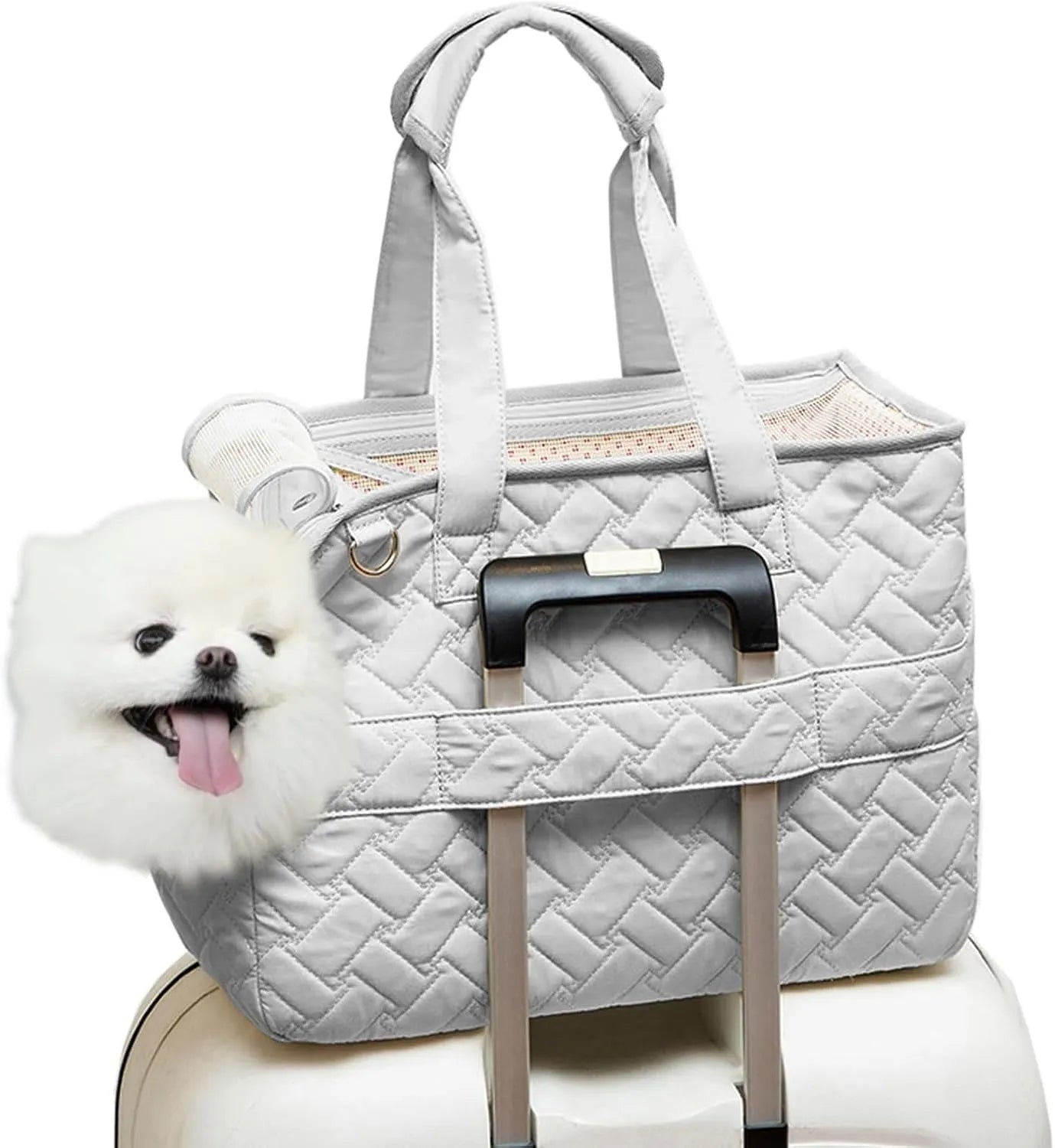 Grey pet carrier handbag with mesh panels and multiple pockets for cats and small dogs