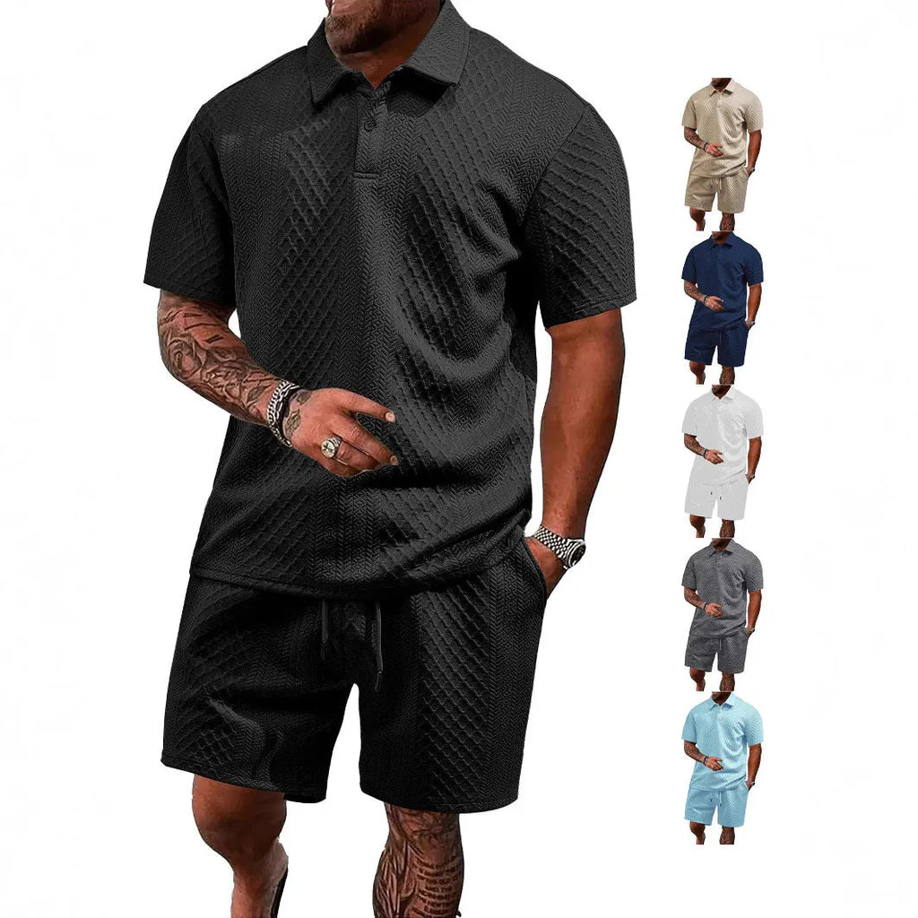 Men's patterned cloth casual short sleeve suit with polo shirt and trousers in various colours.