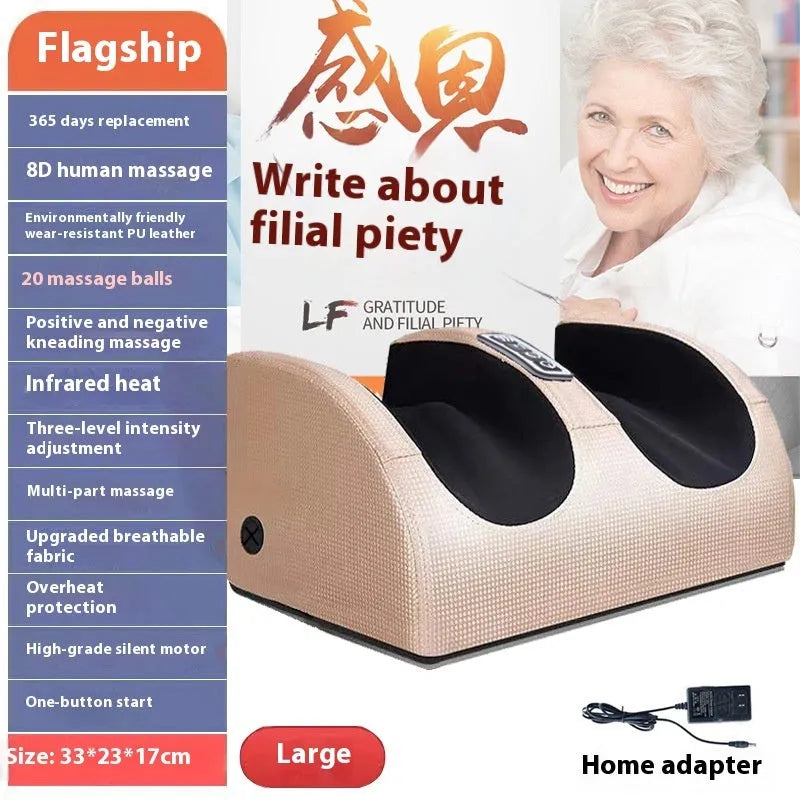 Automatic foot massager machine with remote control on a household floor.