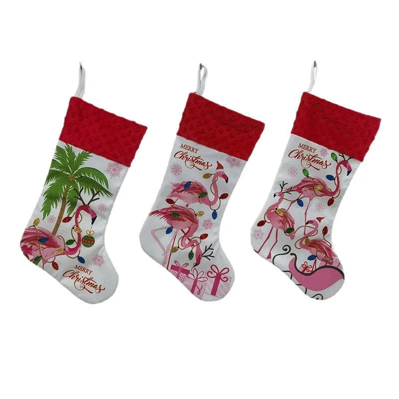 Flamingo design cloth Christmas stocking measuring 46 by 28 centimetres.