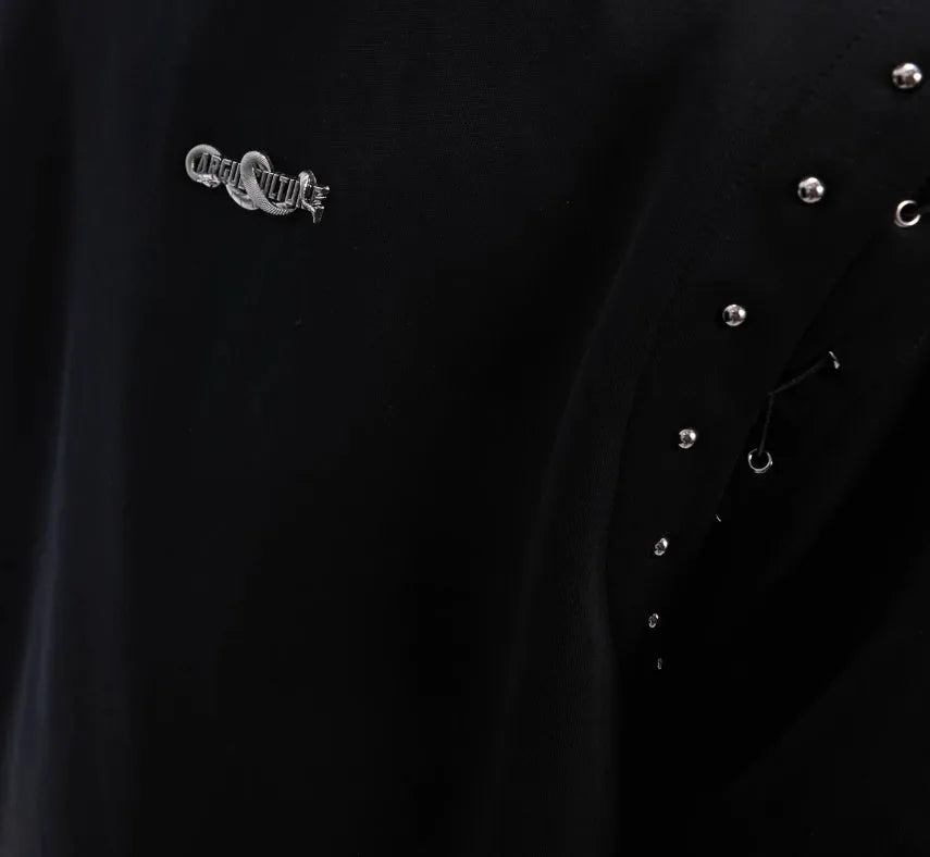 Black deconstructed lace-up short sleeve t-shirt with front cutout detail on a mannequin.