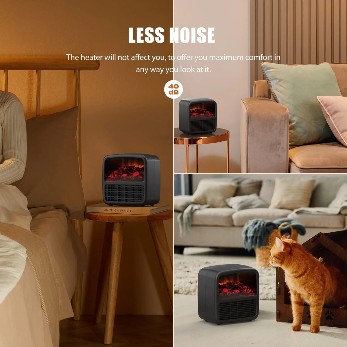 Black desktop ceramic electric space heater with LED flame effect and mechanical controls