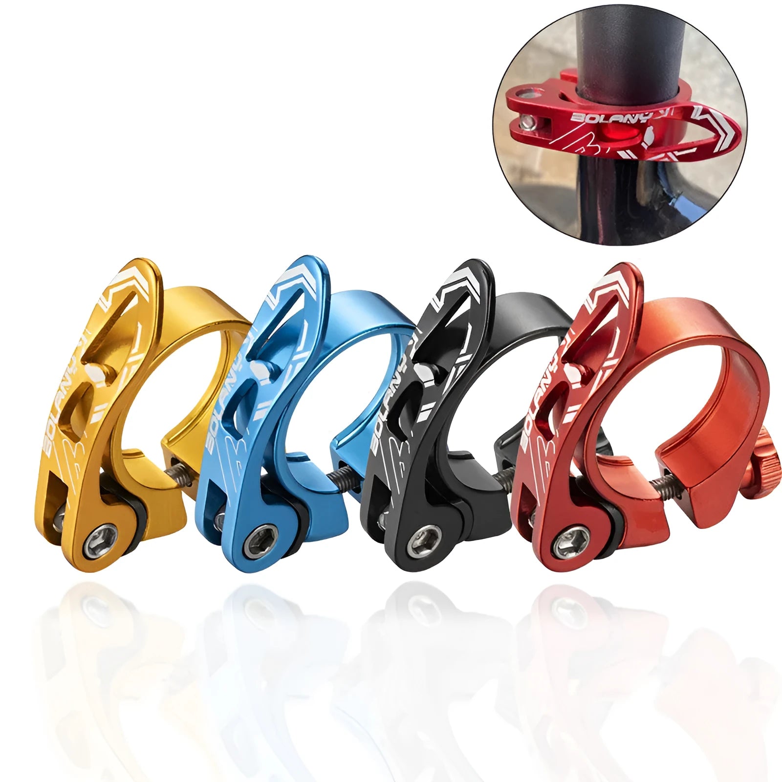 Aluminium alloy mountain bicycle seat post clamp in black, red, gold, and blue colour options showing 31.8mm and 34.9mm sizes.