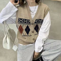 Loose sleeveless cardigan top with diamond plaid pattern in khaki colour
