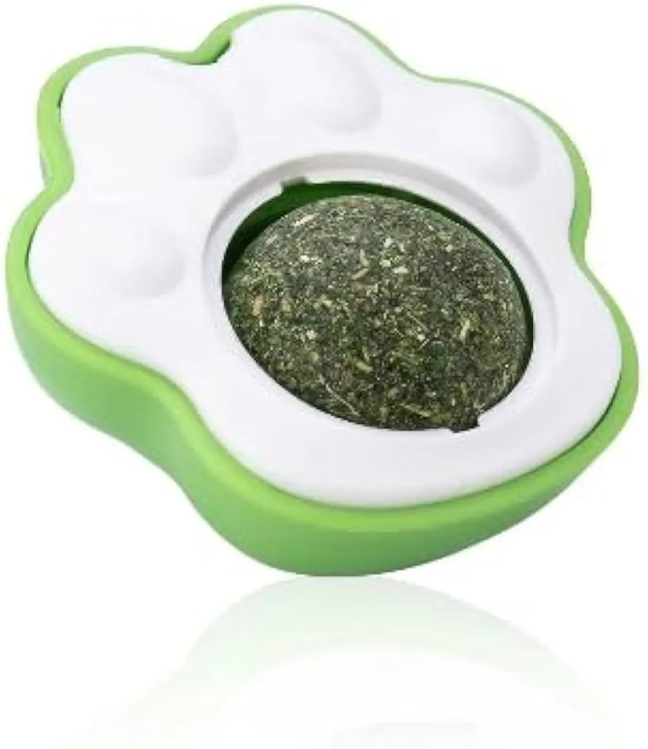 Blue, green and pink catnip ball wall treats with edible vine for feline dental chewing