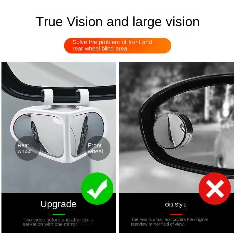 Small round wide-angle car reversing mirror with adjustable joint and adhesive backing.