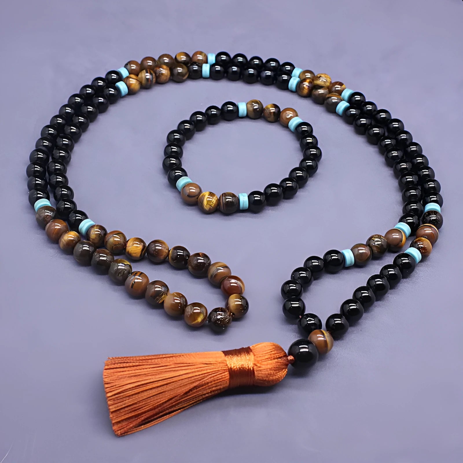 Geometric agate jewellery set with black bracelet and tiger's eye stone necklace
