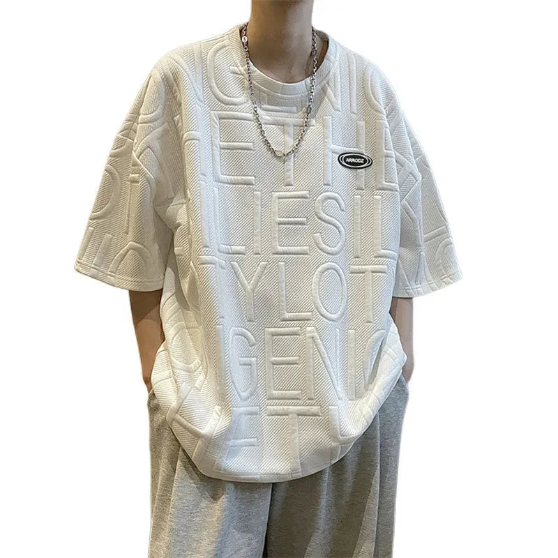 Men's grey T-shirt with three-dimensional white letter pattern, loose fit with short sleeves