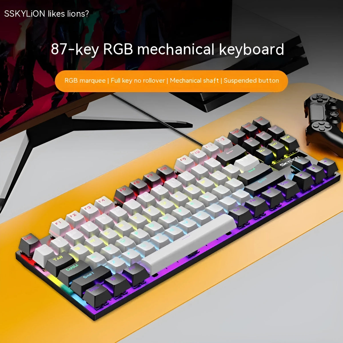 K87 mechanical wired keyboard with metal frame, 1.4m cable, shown in selected colour with Green or Red switches.