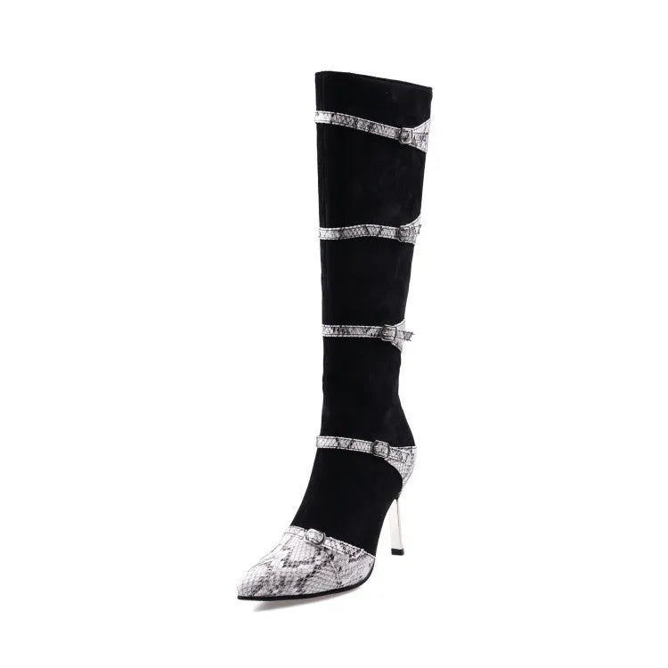 Women's knee-high boots with thin high heels in black or grey colour options