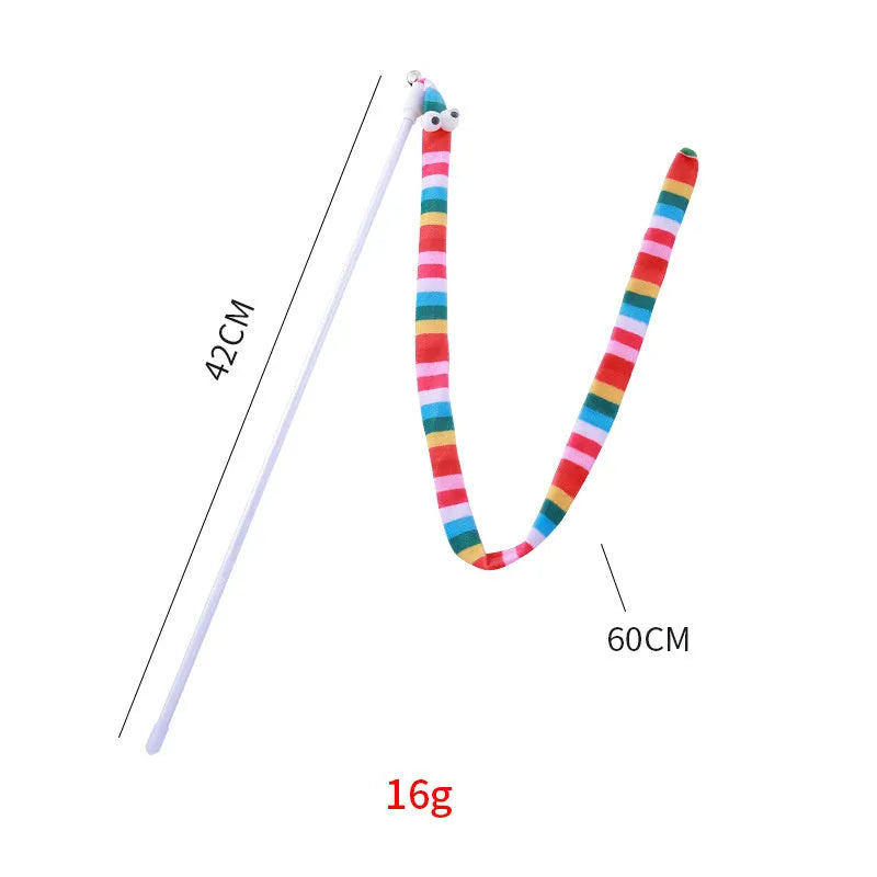 Cat wand toy with polycarbonate handle and colourful plush strip for interactive play