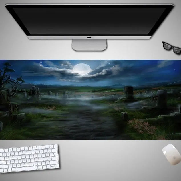 Oversized Halloween-themed computer mouse pad with non-slip rubber cloth backing on wooden desk