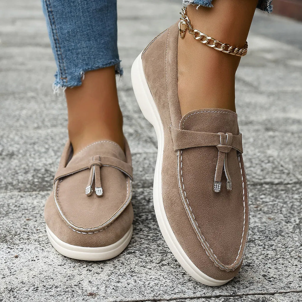 Canvas platform slip-on loafers in apricot colour on a white background