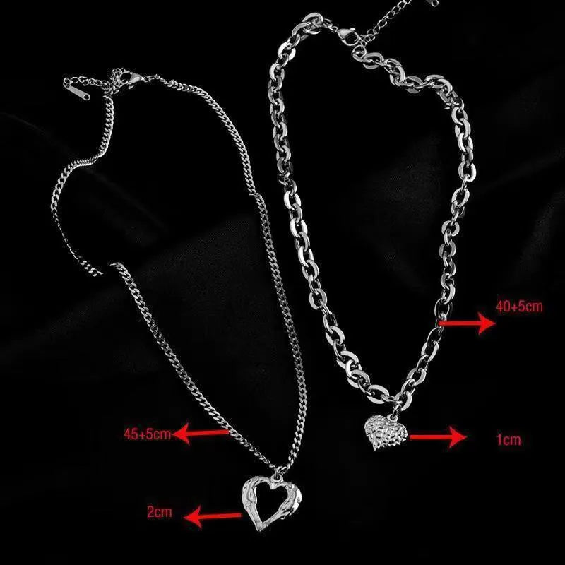 Titanium steel angel wings love necklace set with two heart-shaped pendants on O-shaped chain, silver finish