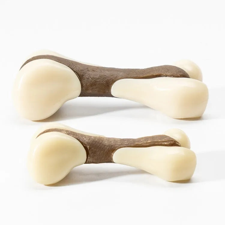 Bone-shaped dog chew toy with cowhide and nylon construction for dental cleaning