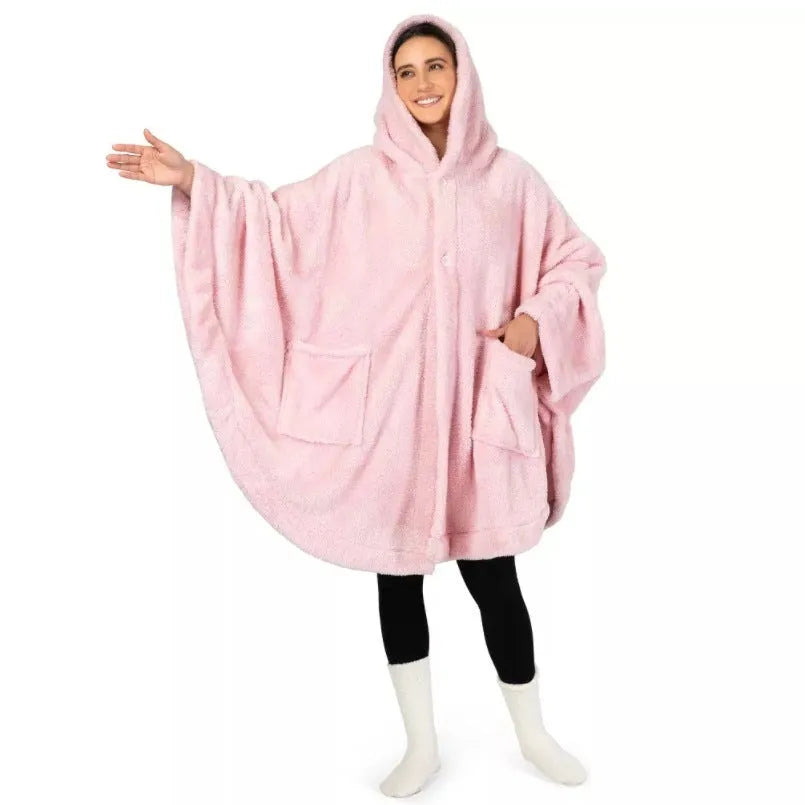 A thick hooded polyester bathrobe in a cardigan style with long sleeves, shown in a solid colour.