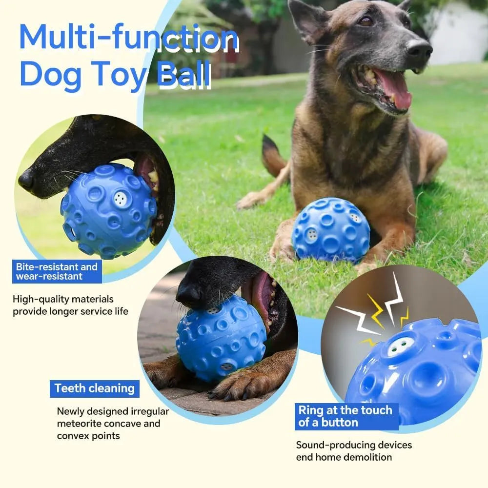 Durable natural rubber dog ball with meteorite-shaped bumps for aggressive chewers in multiple colour options