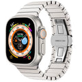 Stainless steel Apple Watch strap with bamboo joint and butterfly clasp in silver, shown in 38/40/41mm size