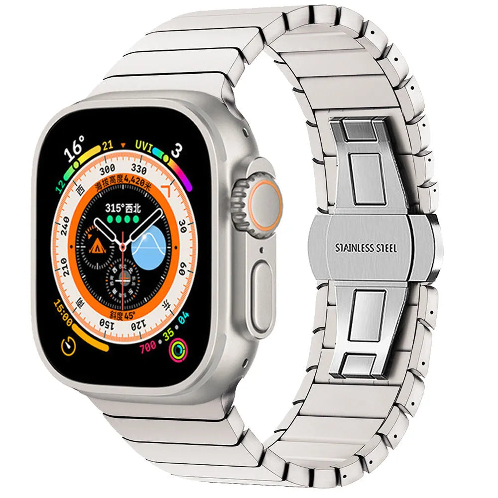 Stainless steel Apple Watch strap with bamboo joint and butterfly clasp in silver, shown in 38/40/41mm size