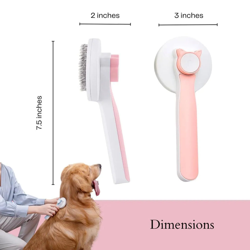 Self-cleaning slicker brush for dogs and cats with blue rubber handle and stainless steel bristles.