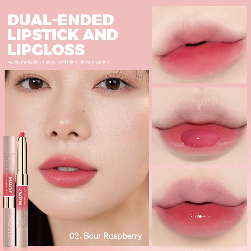 Double-headed lipstick and lip gloss in matte finish showing ten colour options 01 to 10