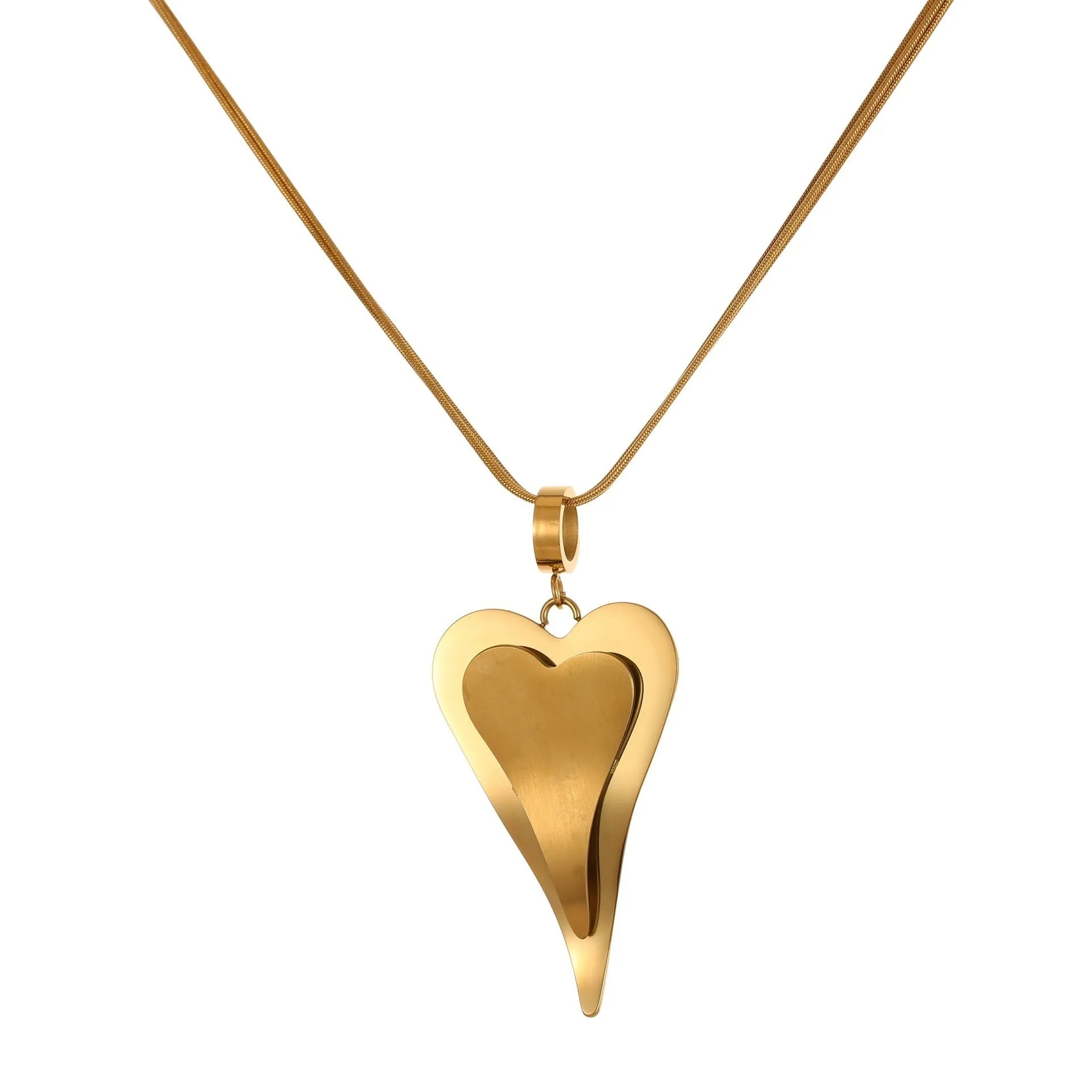 Stainless steel women's necklace with double heart geometric pendant on a snake bones chain.