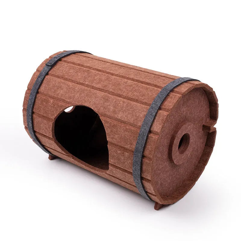 Assembled wine barrel shaped cat bed made from three polyester fibre felt panels