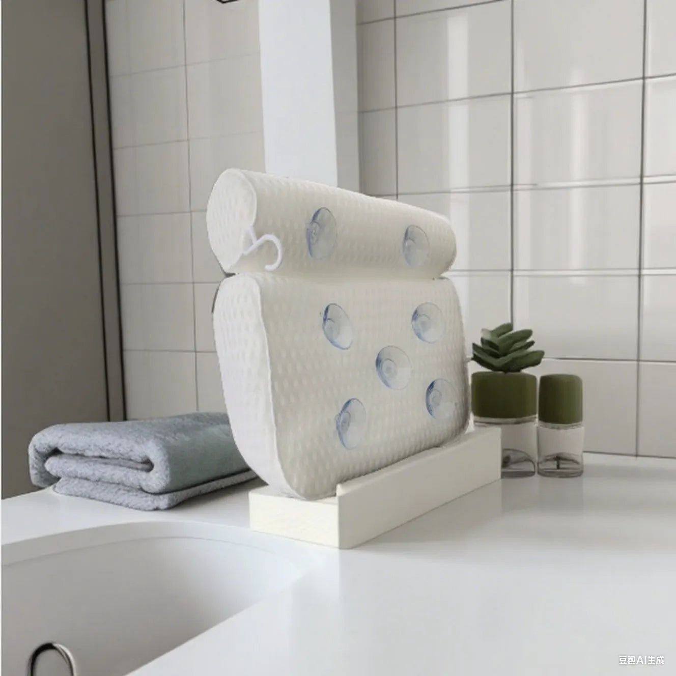 White 4D mesh bathtub pillow with suction cups on a bathtub.