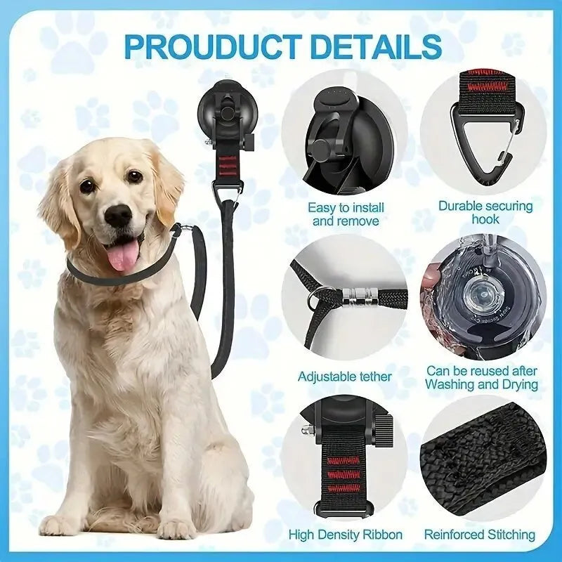 Finished pet bathing restraint with suction cups and traction rope on a blue background.
