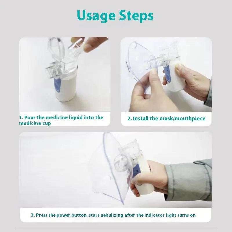 A white columnar handheld USB nebuliser for quiet household drug atomisation.