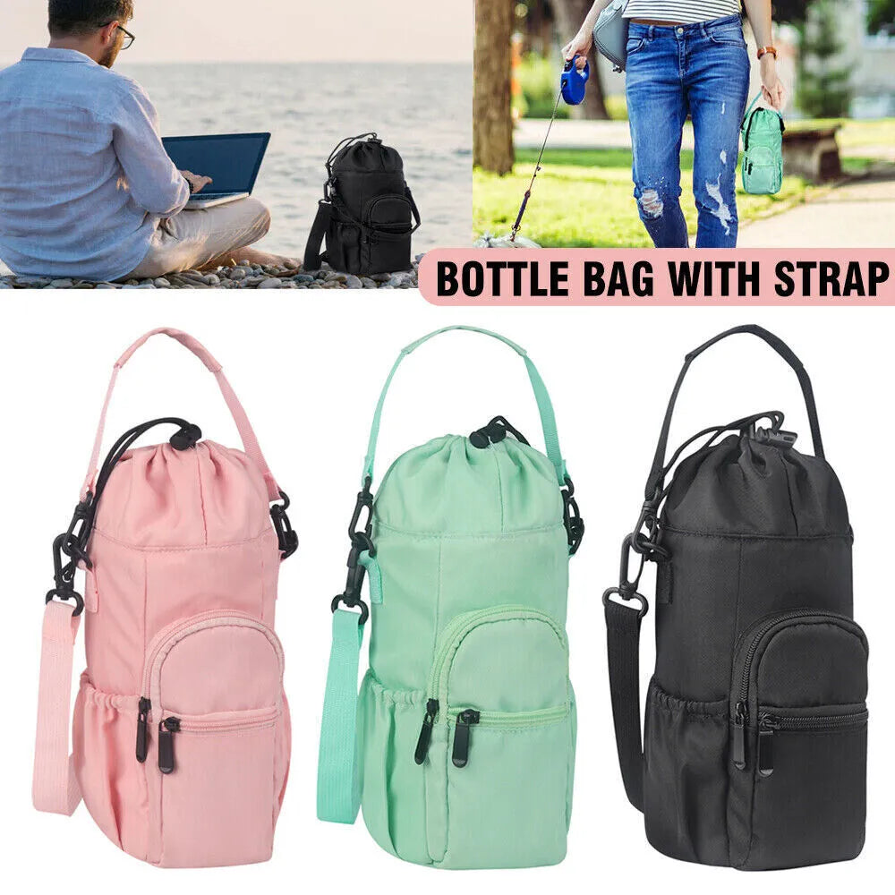 Cloth water bottle pouch with crossbody strap in black, green, and pink colour options.