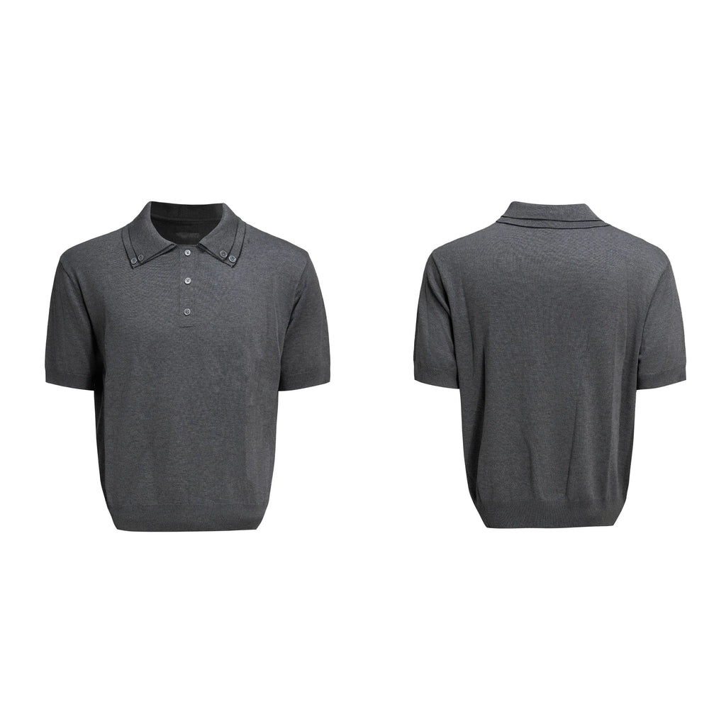 Men's black double collar polyester knit shirt with loose fit and short sleeves