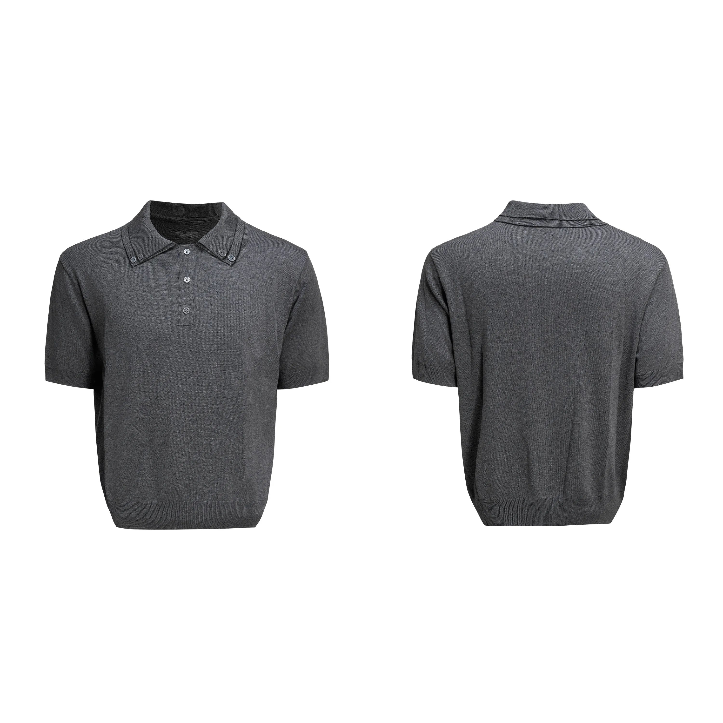 Men's black double collar polyester knit shirt with loose fit and short sleeves